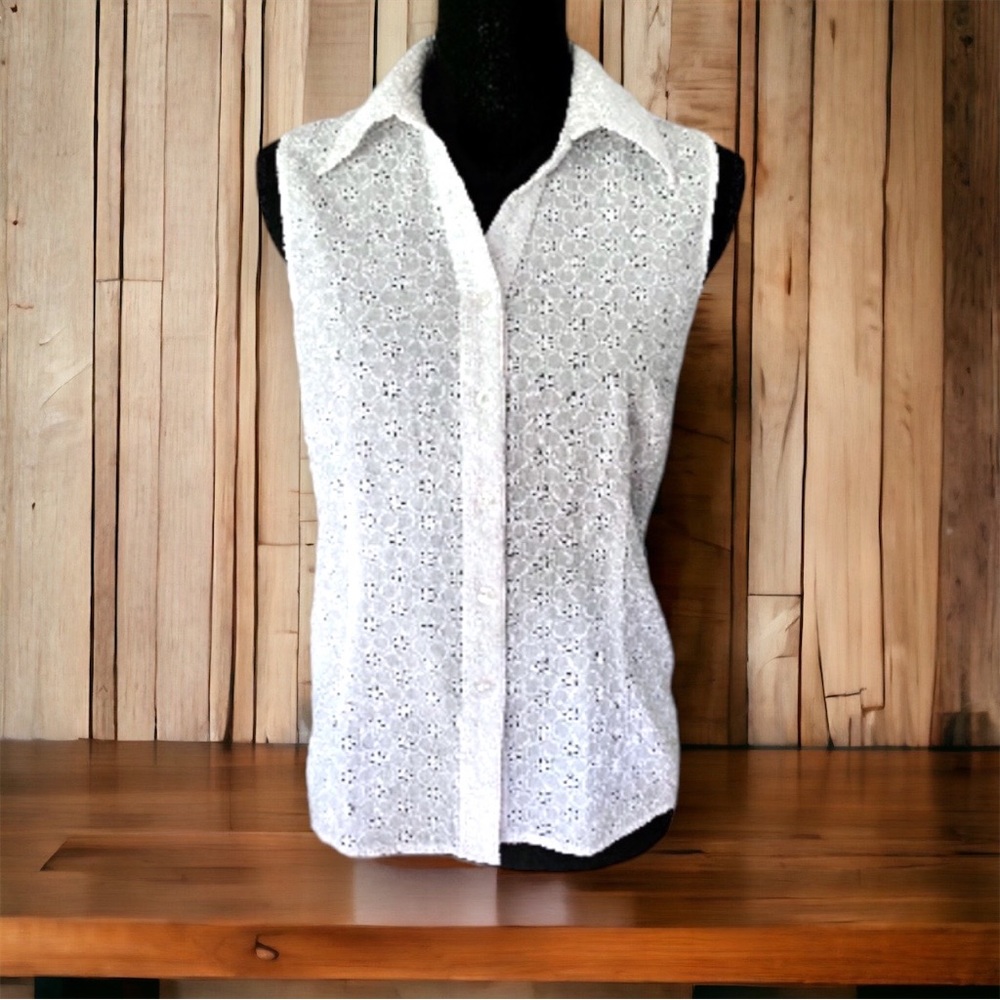 Autograph womens Summer classic eyelet white shirt cotton versatile size Large